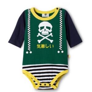 Harajuku Mini Bodysuit Skull with Suspenders Size 9M NWOT Green Snap Bottom